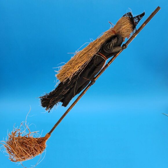 Wicked Witch Broom Stick Paper Mache Style Decor Raffia Primitive Halloween 34" - Picture 11 of 14